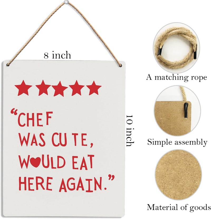 UYIKG Kitchen Signs Decor, Chef Was Cute Would Eat Here Again Wood Hanging Sign, Funny Dining Room Wall Decor, Dining Hall Dining Room Restaurant Wooden Slogan Hanging Sign 8x10 In (Red Letters) - Image 5